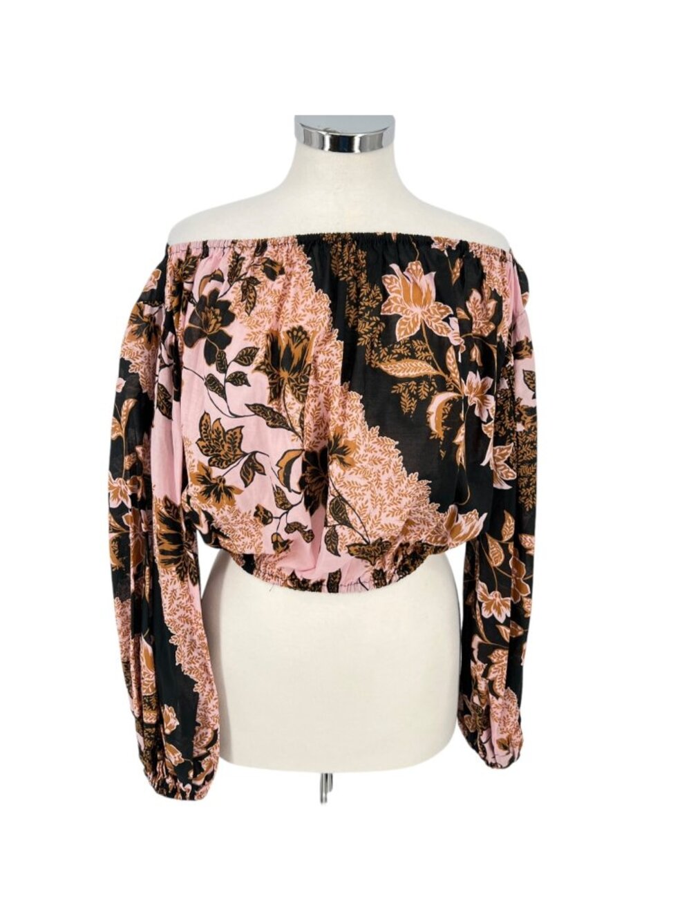 Vici Floral Boho Festival Off-Shoulder Puff Sleeve Blouse Pink Black Size Small